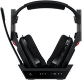 Logitech Astro A50 LIGHTSPEED Wireless Gaming Headset with Base Station (Gen 5), featuring PRO-G Graphene Drivers, seamless switching between up to 3 systems, USB-C connectivity for Xbox, PS5, PC/Mac, or Nintendo Switch, with Bluetooth support, in Black.